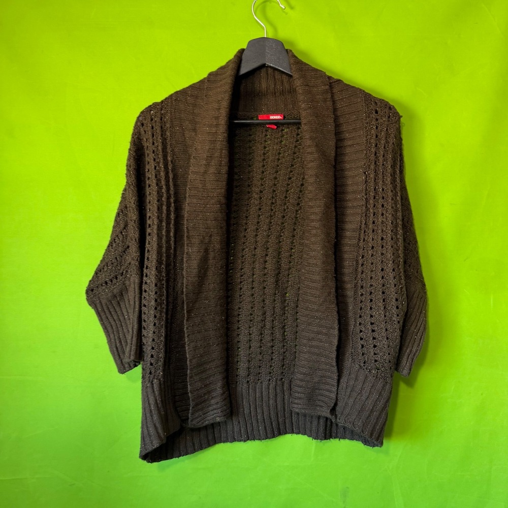 Bongo Brown Metallic Shimmer Open Front Cardigan Pointelle Knit Sweater Small